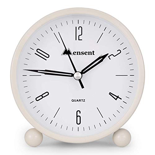 Image of 4 Inch Round Silent Analog Alarm Clock, Non Ticking, with Night Light, Battery Powered, Simple Design for Office or Bedroom (White)