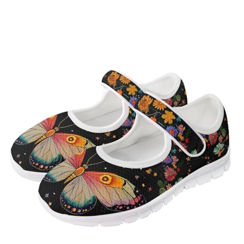 JoyLamoria Vintage Butterfly Flower Diabetic Shoes for Women Wide Walking Shoes Elastic Slip on Shoes Ultra Light