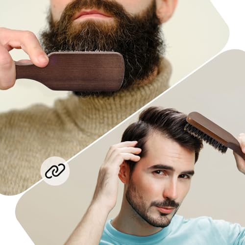 Wild Boar Bristle Hair Brush for Men - Slick Back Hair Brush - Stiff Boar Bristles for Thick Hair, Natural Black Walnut Wooden Handle Hairbrush, Beard Mustache Brush by GAINWELL