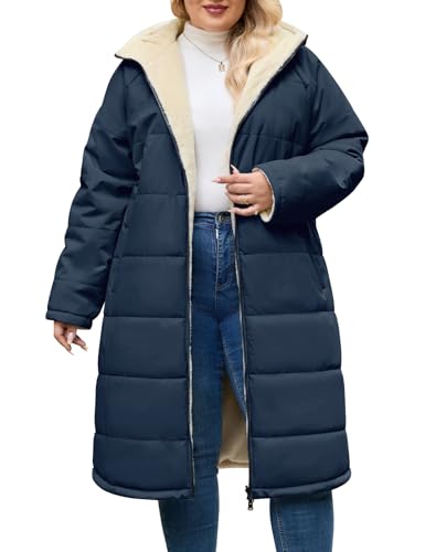 CMTOP Abrigos Mujer Invierno Largo Talla Grande, Resistente al Viento Cálido Chaqueta Reversible Abrigo, Abrigada Parka Abrigo Acolchado con Capucha y Cremallera(Azul Marino,XXL)