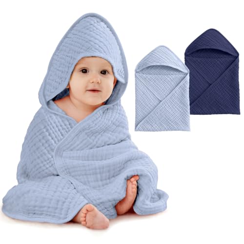 Image of Unnivoll Hooded Baby Towels for Newborn - 2 Pack, 100% Muslin Cotton, Baby Bath Towels with Hood, Soft and Absorbent for Boys, Girls Infant, Toddler and Kids, Large 32x32 Inches, Newborn Essential