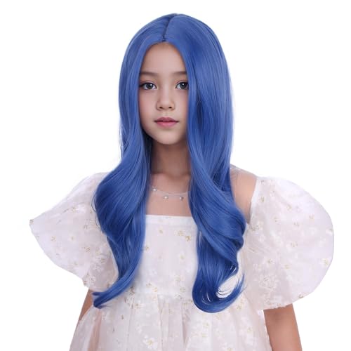 Image of Girls Dark Blue Wig Kids Long Deep Blue Wavy Curly Wig Child Middle Part Wigs Heat Resistant Synthetic Hair with Cap