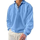 PICKLION Mens Long Sleeve Polo Shirt Loose Fit Casual Sport Retro Solid Pullover Sweatshirt Blue