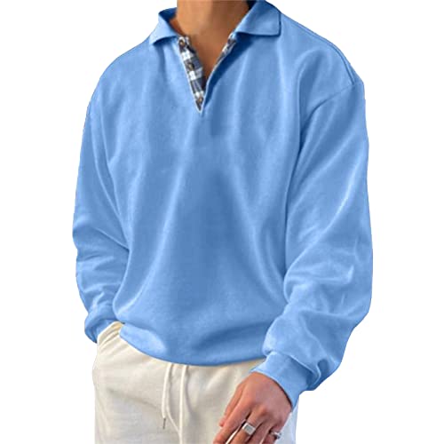 Picklion Mens Long Sleeve Polo Shirt Loose Fit Casual Sport Retro Solid Pullover Sweatshirt Blue #TOP4