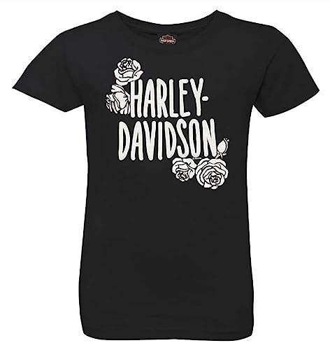 Harley-Davidson Big Girls' H-D Roses Short Sleeve Crew-Neck Tee - Black