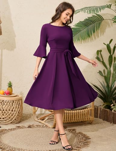 Image of HomRain Women's Church Dresses Modest Bell Sleeve Wedding Guest Cocktail Tea Party Vintage Evening Dress