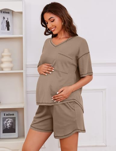 Image of Womens Pajama Sets Waffle Knit 2 Piece Short Lounge Set Cute Sleep Loungewear Pjs Set Short Sleeve Top and Shorts