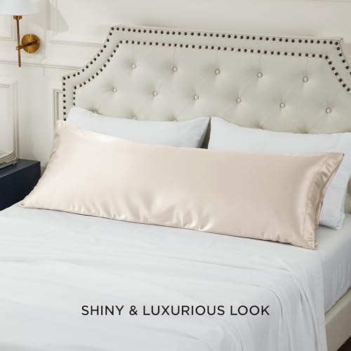 Image of Bedsure Body Pillow Cover 20x54 Inches - Beige Satin Similar to Silk Pillowcase for Hair and Skin, Cooling and Silky Long Body Pillow Pillowcase with Envelope Closure, Gifts for Women Men