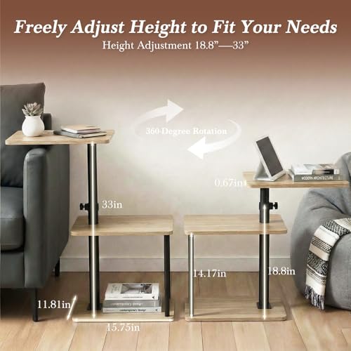 Image of Faesun 360 Swivel Side Table for Height Adjustable, C Shaped End Table for Couch with Storage, 3-Tier Night Stand with Open Shelf, Tv Tray for Small Spaces, Living Room, Bedroom, Oak