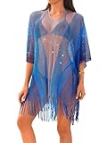 Kaei&Shi Sexy Sheer Gradient Swimsuit Coverup,Crochet Color Block Beach Dress,Fringe Bathing Suit Vacation Outfits for Women Blue Gradient