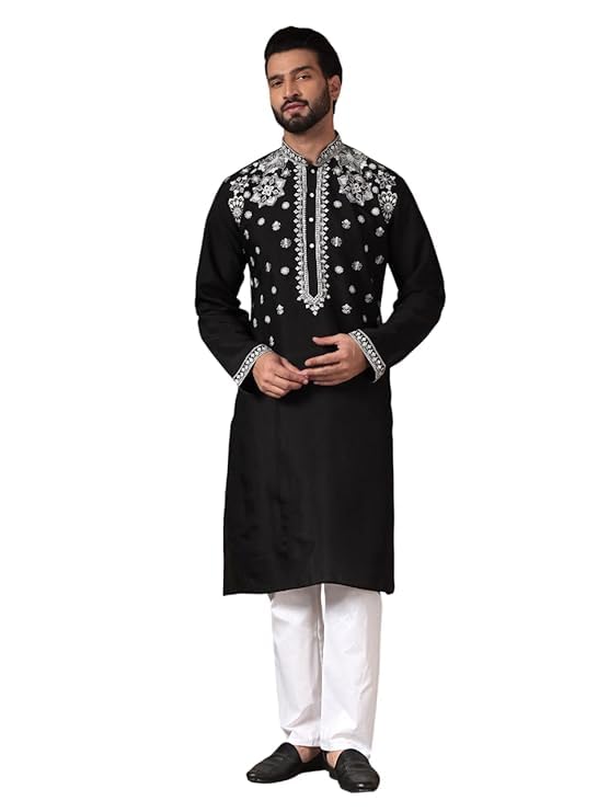 excent Men's Cotton Silk Kurta set | Embroidered Sequence Work Kurta for Wedding Haldi, Eid Festival | Traditional Ethnic Wear Straight Mandrin Collar Full Sleeve Kurta for Men-picture-53