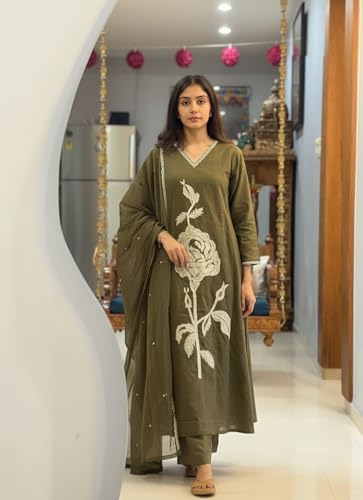 Image of ANNI Designer Women Rayon Viscose Straight Embroidered Kurta with Pant and Dupatta | 3 /4 Sleeve | V-Neck | Ethnic Kurta Set for Women