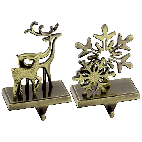 MCEAST 2 Stück Weihnachtsstrumpfhalter Rentier Schneeflocke Strumpf Kleiderbügel Stabile Weihnachtsstrumpfhaken Kaminsims Clips für Kamindekoration, Bronze Cover