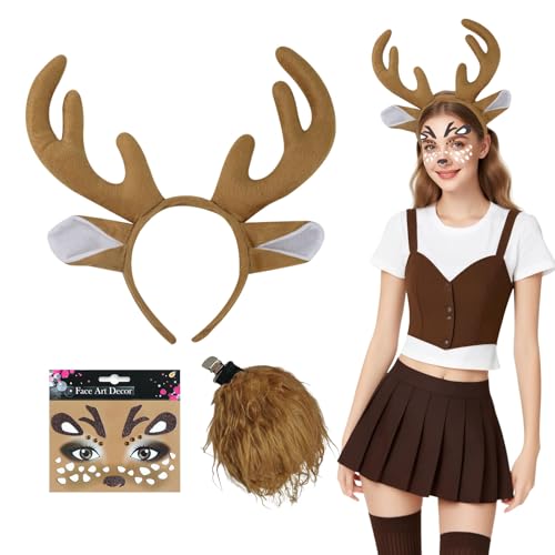 SAIIURV 3 Pcs Déguisement de Bois de Cerf Femme Costume de Biche Adulte Enfant Déguisement de Renne Serre-tête Oreilles de Cerf Queue Stickers Tatouage pour Noël Cosplay Carnaval Fête (3 Pcs)