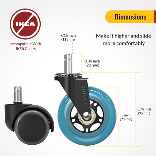 HOLKIE Gaming Chair Wheels - Silent Roller Blade Casters for Esports Rig Replacement - Heavy Duty 11x22mm - Smooth 360° Stealth Glide for Hardwood & Carpet - Set of 5 Blue by HOLKIE - Image 2