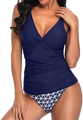 Holipick Women Blue Geometric Tummy Control Two Piece Tankini Set Swimsuit V Neck Tankini Top Bathing Suits with Bikini Bottom XL(US 16)