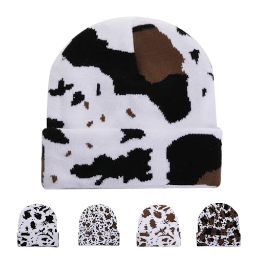 MOUNDHONG Cow Print Beanie Hats for Men Women Cow Pttern Knit Hat Animal Print Beanies Winter Stretch Knitted Beanie