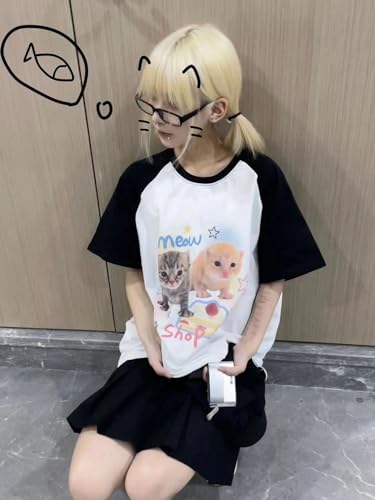 Women's Kawaii Cat Print T-Shirts Cartoon Letter Japan Style Kitten Short Sleeve Cute Print Tops Sweet Girl Y2k Tee Tops3