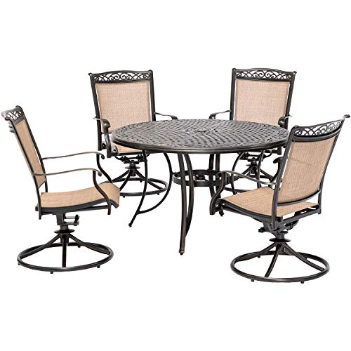 Hanover 5-Piece Fontana PVC Tan Sling Swivel Rocker Chairs and 48" Round Cast-Top Table, Outdoor Dining Set for 4, Premium Weather Resistant Patio Furniture for Backyard & Deck -  FNTDN5PCSWC