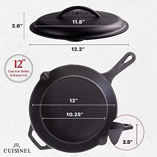 Cuisinel Cast Iron Skillets Set with Lids - 8"+10"+12"-inch Pre-Seasoned Covered Frying Pan Set + Silicone Handle and Lid Holders + Scraper/Cleaner - Use Cookware Indoor/Outdoor, Oven, Stovetop, Fire - Thumbnail 5