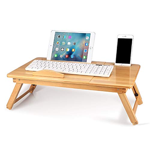 Bamboo Notebook Table, Folding Laptop Desk, Dorm Desk, Bed Desk Serving Tray Breakfast Table Coffee Tea Table Standing Desk for Bed and Sofa, Bamboo Laptop Stand with 5 Tilting Top Angles & Drawer