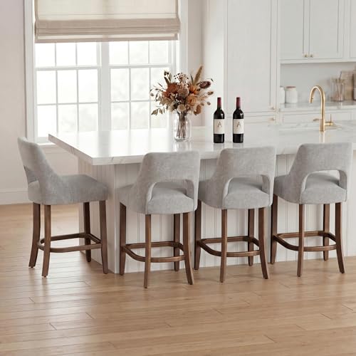 Image of UVV Bar Stools Set of 3, Upholstered Counter Height Bar Stools, Modern Counter Stools with Wood Legs for Kitchen Island Dining Room Bar, Light Grey