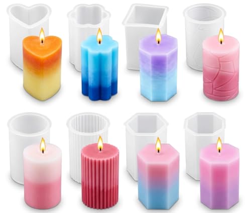 VIPFIT 8 Piece Silicone Candle Molds 2mm Thickened Reinforced Design Tear-Resistant Molds for Pillar and Votive Shapes Easy Release Includes Cylinder Hexagon Heart Moldes para Velas (8)