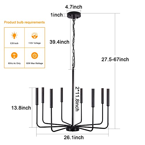 Tmmaysun 8-Light Matte Black Chandelier With Adjustable Height, Classic Candle Ceiling Hanging Light Fixtures, 26In Industrial Rustic Chandeliers For Dining Room Living Room Kitchen Island Bedroom #TOP3
