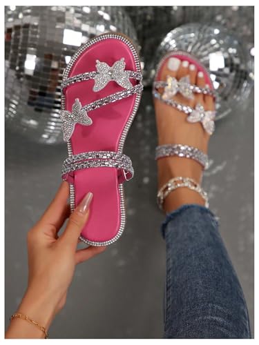 Image of OYOANGLE Women's Silver Rhinestone Sandals Sparkly Dressy Flat Sandals
