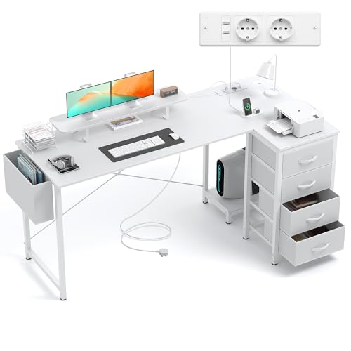 Claiks Schreibtisch L Form mit 4 Stoff Schubladen, 160x80 cm...