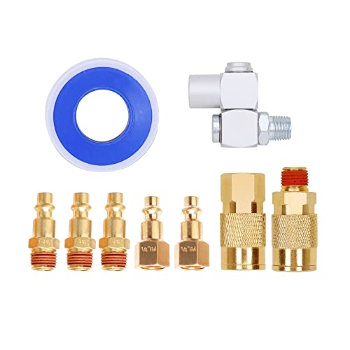 FYPower 3/8 Inch x 10 ft Hybrid Whip Air Compressor Hose Kit, 10 Pieces Lead in Air Hose Accessories kit, 1/4\" NPT Air Coupler and Plug, Industrial Solid Brass Quick Connect, 360° Swivel Connector