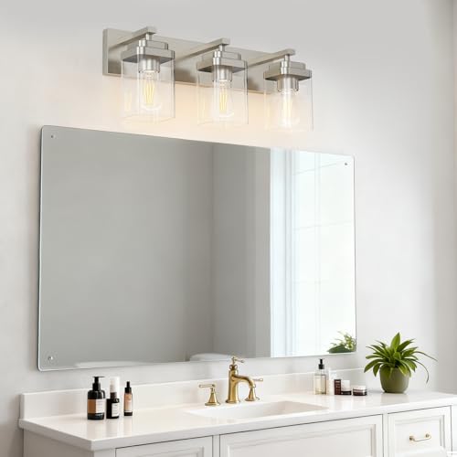 Image of Brushed Nickel Bathroom Light Fixtures, 3 Lights Bathroom Lighting Fixtures Over Mirror, Square Design & Rectangle Large Backplate, Modern Vanity Lighting Fixtures, for Living Room /Bedroom