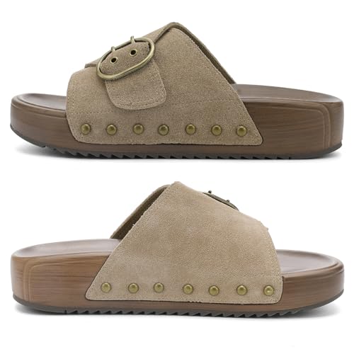Image of UBFEN Womens Slides Platform Sandals - Genuine Leather, Arch Support Comfortable Buckle Sandals for Walking