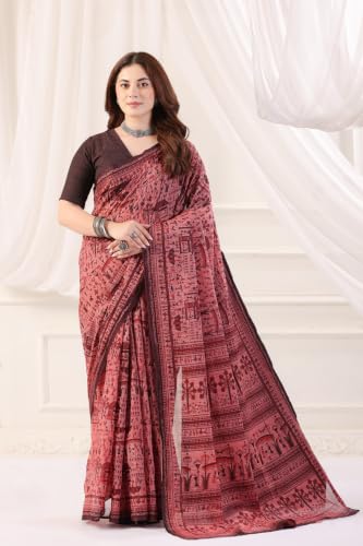 Image of TAMAIRA FASHION Off White Mulmul Pure Cotton Saree For Woman Warli Printed|Office Wear Daily Wear Sarees For Women Without Blouse Piece (Available in 21 Colours)