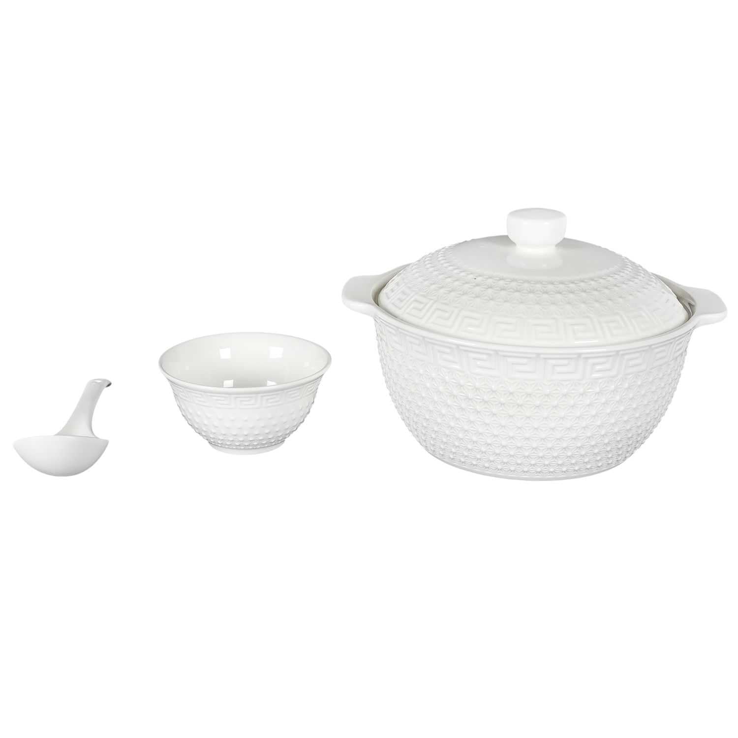HOME DECO FACTORY - KA0279 Juego de Sopa 9 Piezas Porcelana - Sopera 2.7L, Cucharón, 6 Tazones - Diseño Elegante - Ideal para Cenas y Recepciones - Blanco - Tamaño Estándar