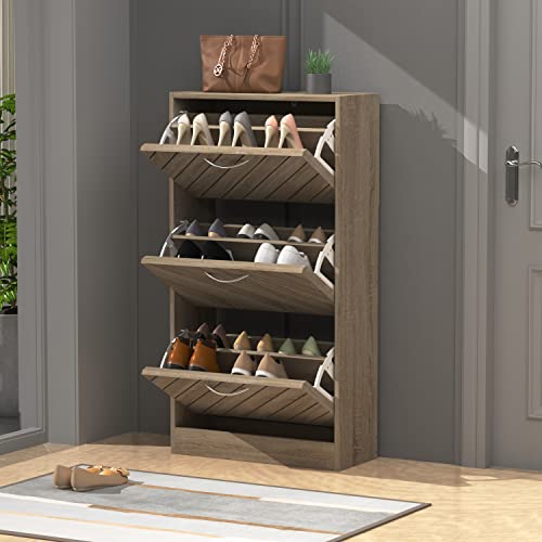Aiegle Shoe Storage Cabinet With 3 Flip Drawers For Entryway, Freestanding Shoe Rack Shoe Organiazer With Adjustable Shelf, Wood Color (22.4" W X 9.4" D X 42.3" H) #TOP1