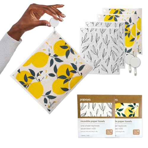 Papaya Reusable Paper Towels Premium Swedish Dishcloths with Hook Non-Scratch Reusable Paper Towel 1 Sheet Replaces 17 Rolls - 4 Sheets 2 Hooks