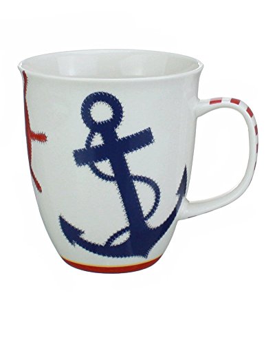Coffee or Tea Ceramic Mug - Nautical Chic Featuring an Anchor and Ships Wheel - Dishwasher and Microwave Safe - 16 Oz Capacity by Cape Shore