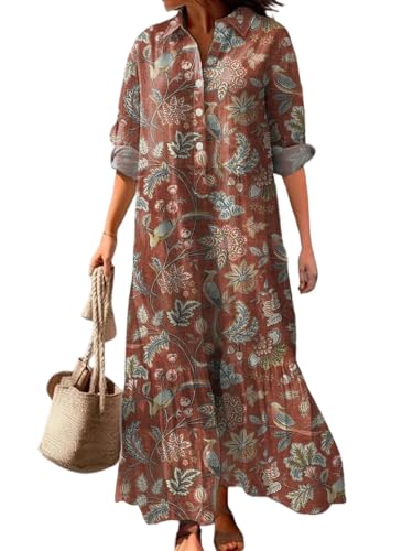 Womens Brown Bird & Floral Printed Button Up Maxi Dress