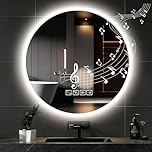 wowspeed Miroir de Salle de Bain avec Éclairage Bluetooth Ronde 60 x 60 cm, Miroir de Salle de Bain Rond Éclairé avec Horloge, LED, intensité Variable, 3 Couleurs de Lumière, Désembuage