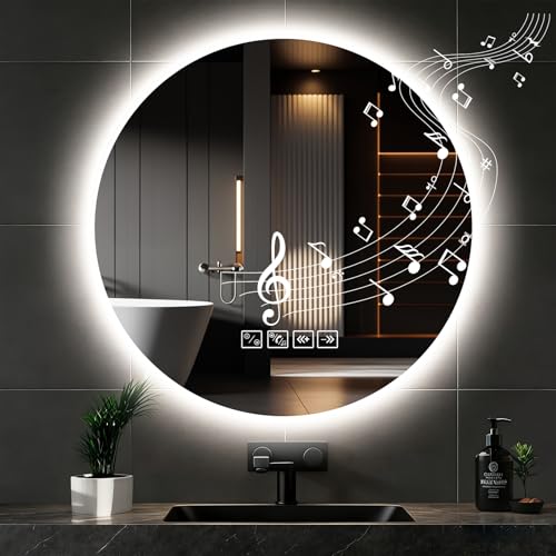 Miroir de salle de bain avec Bluetooth et lumières LED, rond de 60 x 60 cm, anti-buée, réglable en 3 couleurs, interrupteur tactile, fonction mémoire, verre trempé HD, miroir intelligent pour salle de