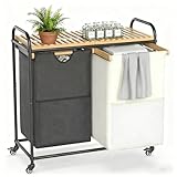 BambooHomie Laundry Sorter 2 Section, Laundry Hampers with Removable Shelf and Pull-Out Bags, Rolling Cart Clothes Hampers Basket with Wheels for Laundry Room Bathroom, 2 x 46 L