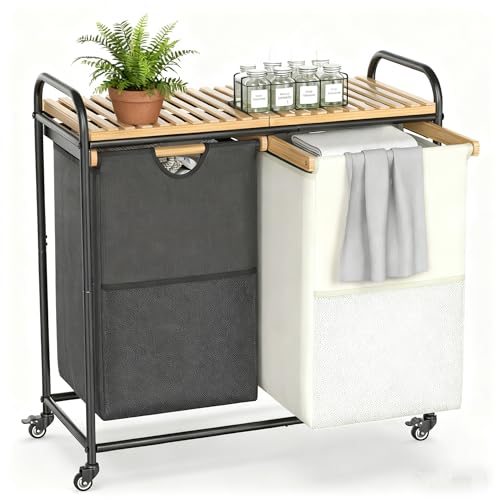 BambooHomie Laundry Sorter 2 Section, Laundry Hampers with Removable Shelf