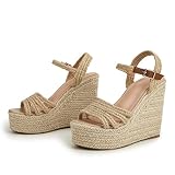 Proptmina Espadrille Wedge Sandals for Women Ankle Strap Platform Sandals Dressy Summer Open Toe Bohemia Casual Braided Heels Sandals (Beige,7)