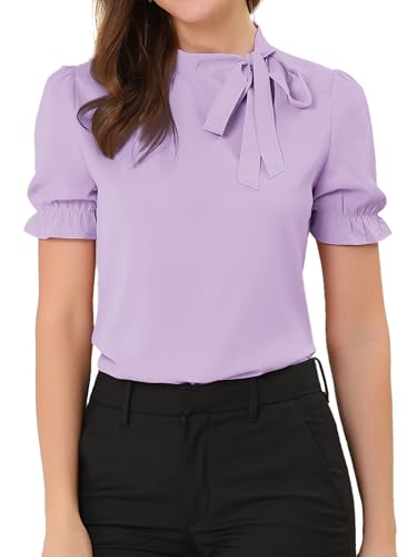 Allegra K Women's Bow Tie Neck Tops Elegant Office Short Sleeve Blouse