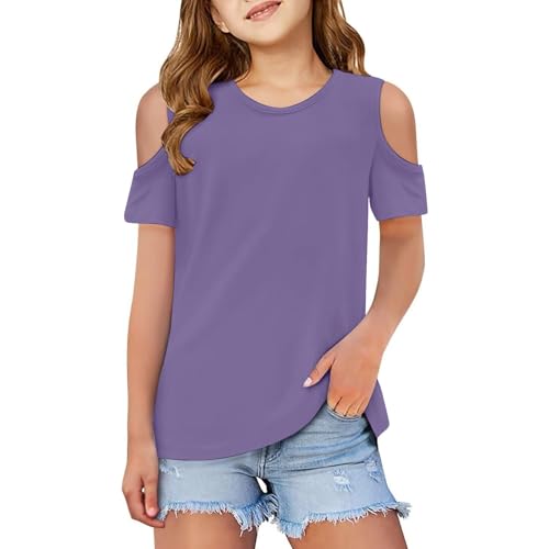 Girls Short Sleeve Shirts Cute Crew Neck Cold Shoulder Tee Top 5-14 Years