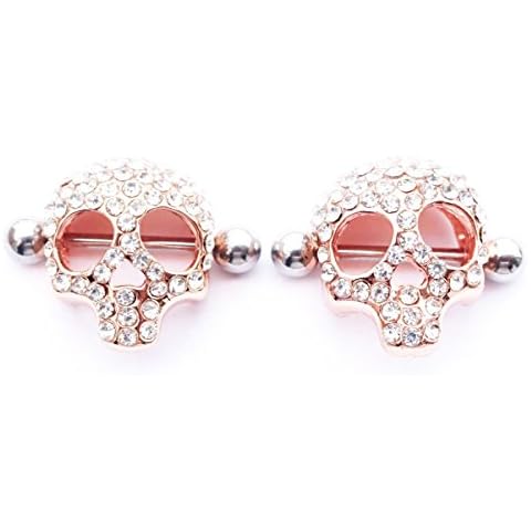 WOWOHE Nipple Rings for Women Stainless Steel Nipple Piercings 3D Skull Nipple Jewelry a Pair(Rosy Gold Color) Cover