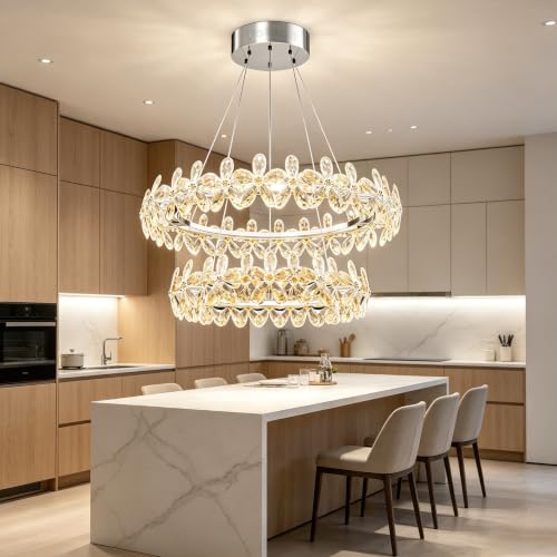 Daksan Lustre de Cristal K9 Luxo LED 2 Arcos, Lustre Pendente Teto, 3 Temperaturas de Cor, Dimmer Ajustável, Bivolt, Lustre para Sala Estar Jantar Quarto Villa, Aro Superior 100cm Inferior 60cm