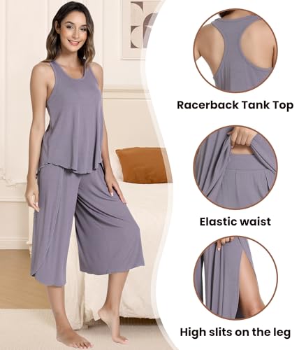 Image of NACHILA Bamboo Viscose Pajamas for Women Racerback Tank Capri Set | High Side Slits Design, Unrestricted Movement, Cooling Feel, Relaxed Loose Fit, for Hot Sleepers