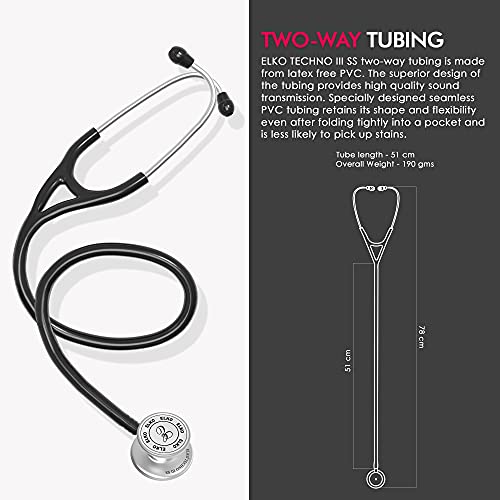 Image of ELKO EL-170 TECHNO III SS Stainless Steel Acoustic Stethoscope | Adult & Pediatric Stethoscope With Double Sided Chestpiece | Two-Way PVC Tubing | Doctors & Medical Students (Black)